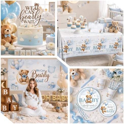 Bear Baby Shower Decorations,260pcs All-in-1 Blue Bear Party Decorations Plates and Napkins Cups Tablecloth Banner Backdrop for Boy Baby Shower Decorations - Image 4