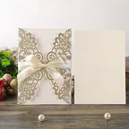 Hosmsua 20PCS Glitter Laser Cut Flora Wedding Invitation with Ribbons and Envelopes 5.12 x 7.3'' Laser Cut Invitation for Wedding Bridal Shower Engagement Sweet 16 Birthday (Champagne Glitter) - Image 5