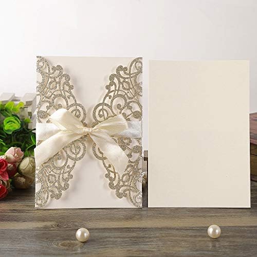 Hosmsua 20PCS Glitter Laser Cut Flora Wedding Invitation with Ribbons and Envelopes 5.12 x 7.3'' Laser Cut Invitation for Wedding Bridal Shower Engagement Sweet 16 Birthday (Champagne Glitter) - Image 5