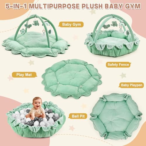 5-in-1 Baby Activity Gym & Play Mat with 6 Hanging Toys, Tummy Time Mat & Cards - Extra Large, Reversible Machine Washable Pad - Gift for Newborns, Infants 0-12 Months, Sage Green - Image 2