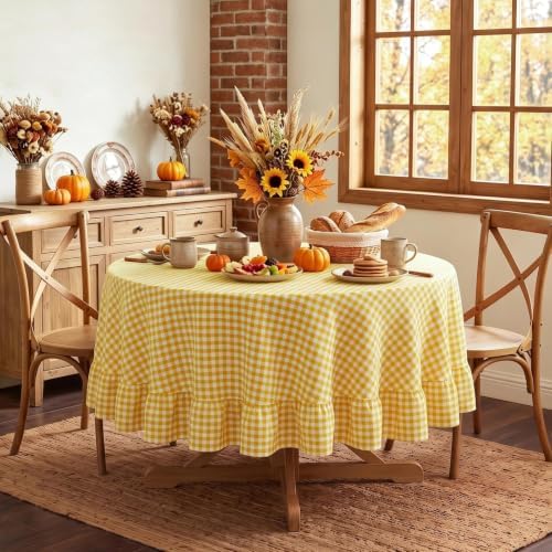 Eternal Beauty Gingham Ruffled Tablecloth Butter Yellow White 90 Round Fall - Image 2