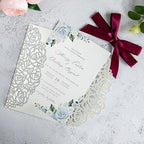 ponatia 25PCS Silver Glitter Wedding Invitations Cards Laser Cut Hollow Rose With Burgundy Ribbon For Bridal Shower Engagement Birthday Graduation Invite - Image 4