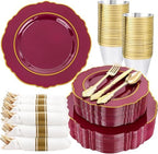 Liacere 350PCS Red Plastic Plates-Disposable Burgundy Red and Gold Plates 50guest Baroque Plastic Dinnerware include 100Plates, 50Pack Pre Rolled Napkins with Silverware 50Cups for Party & Wedding by Liacere