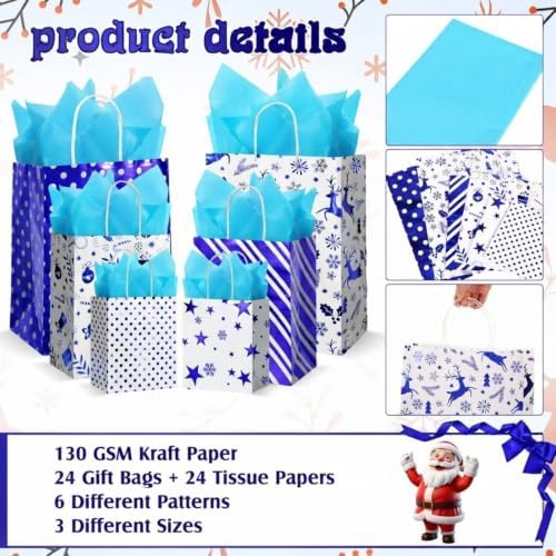 Humyoun 24 Pack Christmas Paper Gift Bags Bulk Assorted Sizes, White,Blue - Image 3