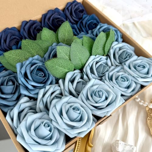 50pcs Dusty Blue Foam Fake Roses with Stems Navy Light Blue Artificial Flowers Real Looking for DIY Wedding Bouquets Bridal Shower Centerpieces Floral Arrangements Party Tables Home Decor Bulk - Image 6
