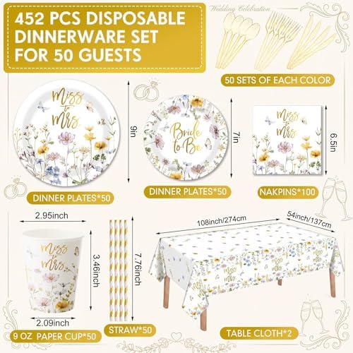 LemonRoad 452 Pcs Miss to Mrs Floral Bridal Shower Decorations for 50, Wildflower Bridal Shower Paper Plates Napkins Cups Tablecloth Cutlery Straws for Wedding Bachelorette Engagement Party Supplies - Image 2