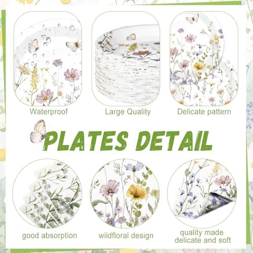 Wildflower Party Decorations, Paper Plates Napkins Cups Serve 50, Elegant - Image 2