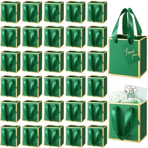 Yeaqee 50 Pcs Mini Paper Gift Bags with Handles Tag, Dark Green,Gold by Yeaqee