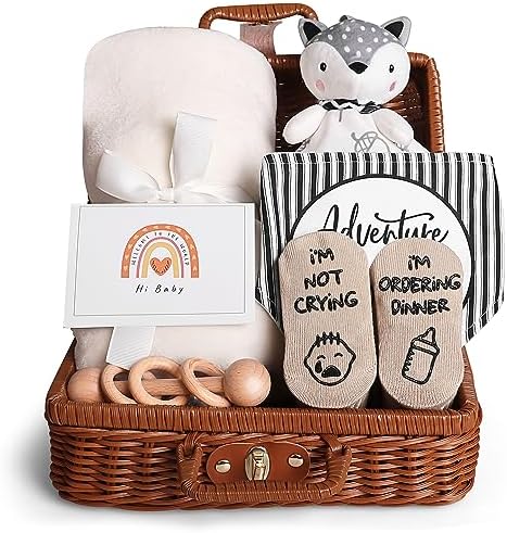 iAOVUEBY Baby Shower Gifts, Baby Gifts for Girls Boys, Unique Baby Gifts Basket Essentials Stuffs - Baby Lovey Blanket Newborn Bibs Socks Wooden Rattle & Greeting Card, Newborn Baby Gift Set by iAOVUEBY