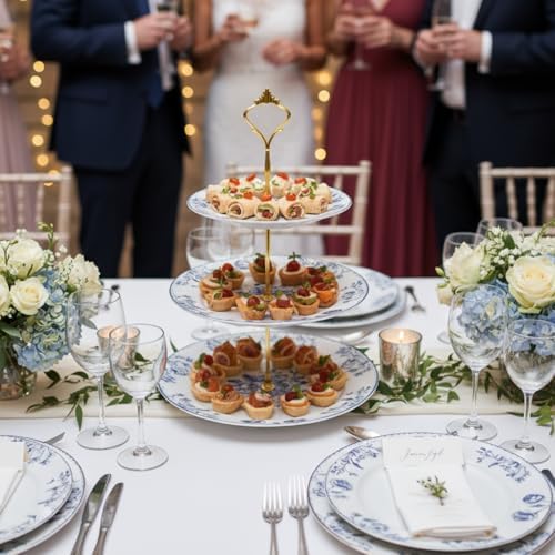 Lallisa Blue Floral 3 Tier Dessert Stand 10", 9" and 7" Ceramic Vintage Chinoiserie Tea Party Tiered Tray Cake Stand Display Holder Tower for Something Blue Before I Do Bridal Shower Decorations - Image 4