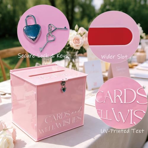 Acrylic Card Box with Lock & Slot, Macaron Pink Wedding Card Boxes for Reception Monetary Envelope Cash Gifts, Large Gift Cards Holder Box for Graduation Bridal Baby Shower Party Supplies - Image 5