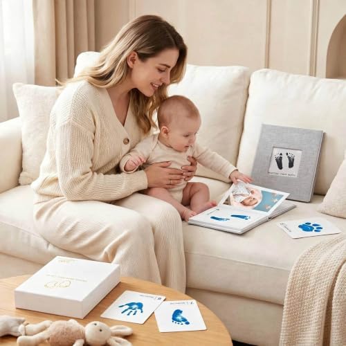15 Pack Little Lullaby Inkless Milestone Cards Baby Hand and Footprint Kit 12 Months Newborn Memory Book Keepsake Ink Pad for Handprints Footprints (White Box-Blue) - Image 2