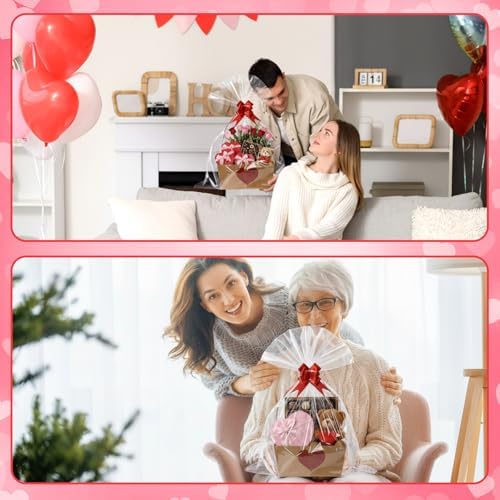 Funnymoom 24 Pcs Red Heart Basket for Gifts Empty Red Love Heart Gift Basket Empty to Fill with Handle, Transparent Bag and Bow for Teacher Summer Xmas Wedding Party Favor Supplies, 9.8 x 6.5 x 4.3'' - Image 2