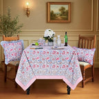 Ridhi Pigeon Blue & Pink Hand Block Print Cotton Tablecloth 108 x 70 Inch - Image 2