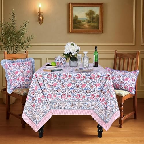 Ridhi Pigeon Blue & Pink Hand Block Print Cotton Tablecloth 108 x 70 Inch - Image 2