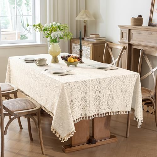 Boho Crochet Cotton Lace Tablecloth Rectangle 60 x 84 Inch Beige - Image 2