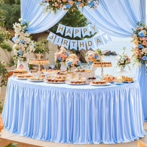 Wish Care 21ft Baby Blue Satin Long Table Skirt for Rectangle Tables Wrinkle Free Teacher Desk Skirt Glitter Ruffle Table Skirting Cloth for Back to School Classroom Office Birthday Party Table Decor - Image 6