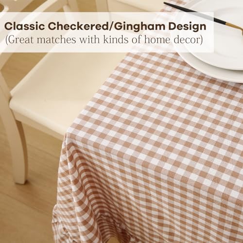 Taupe White Gingham Ruffle Tablecloth Square 60"x60" - Image 5