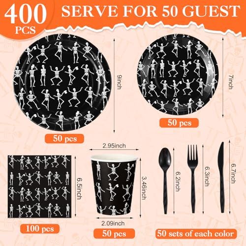 Pickmesh 400 Pcs Party Supplies Disposable Paper Plates Napkins and Cups Decorations for Men Women(Skeleton,Black) - Image 2