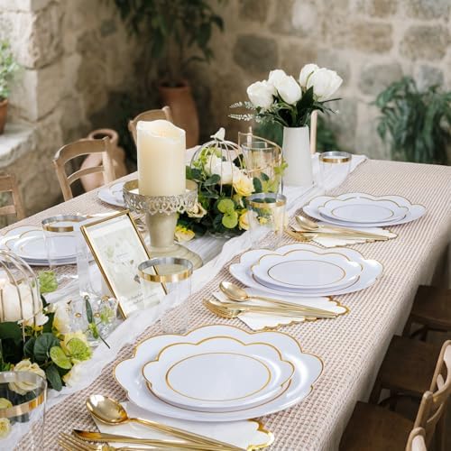 350Pcs White Gold Rim Heavy Duty Plastic Plates Dinnerware Set - Image 6