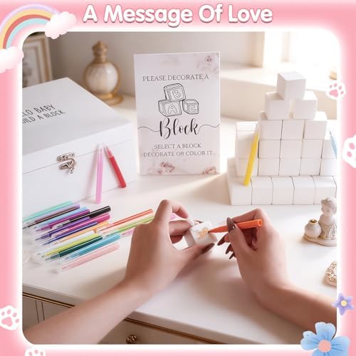 224 Pcs Baby Shower Blocks to Decorate Kit With 98 White Wooden Blocks, White Wooden Box, 24 Markers, 100 Pattern Templates, Sign, Complete Baby Shower Activity Kit for Gender Reveal Party Decorations - Image 4
