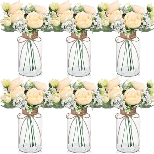 Zeyune 6 Sets Mason Jar Table Centerpiece with Artificial Peony Baby's Breath Flower Centerpieces Faux Flowers with Rope for Wedding Reception Engagement Bridal Shower Rustic Table Decor(Champagne) by Zeyune