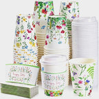 Remerry 100 Pcs 12oz Floral Disposable Coffee Cups with Lids and Sleeves Paper Insulated Drink Hot Coffee Paper Cups with Dome Lids and Sleeves for Party Wedding Birthday Baby Shower (Stylish) by Remerry