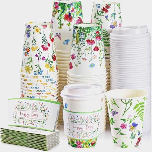 Remerry 100 Pcs 12oz Floral Disposable Coffee Cups with Lids and Sleeves Paper Insulated Drink Hot Coffee Paper Cups with Dome Lids and Sleeves for Party Wedding Birthday Baby Shower (Stylish) by Remerry