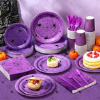 Funnymoom 452 Pcs Halloween Spiderweb Supplies Tableware for 50 Guests, Purple Spider Web Paper Plates Napkins Cups Tablecloth Cutlery Straws for Spiderweb Halloween Birthday Party Decoration - Image 6