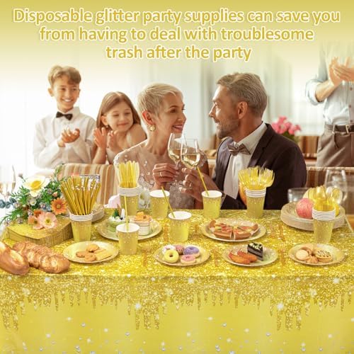 Funnymoom 452 Pcs Gold Birthday Party Decorations Include Golden Diamond Paper Plates and Napkins Cups Tablecloth Cutlery Straws Glitter Disposable Tableware for Birthday Anniversary Wedding - Image 4