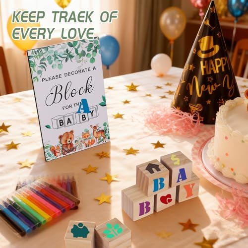 101 Pcs Baby Shower Blocks Games Sets, Baby Coloring Blocks for Baby Shower, 60 DIY 3.5cm Blank-Wooden-Block 4 Large-Stencils 36 Colorful-Marker 1 Decorate-Wooden-Sign, Baby Shower Blocks to Decorate - Image 5