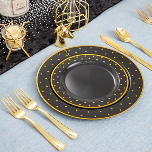 DaYammi 200Pcs Gold and Black Plastic Plates with Gold Silverware for Party - Image 6