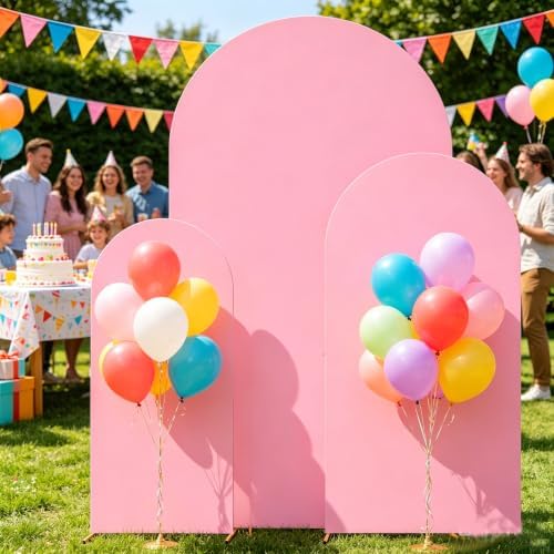 Set of 3 Metal Arch Backdrop Stands with Pink Covers, 6/6.6/7.2FT - Image 2
