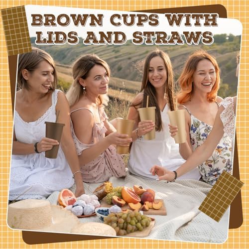 Skylety 24 Pcs Brown Plastic Cups with Lids and Straws 24 oz - Image 5