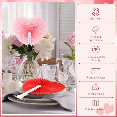Blulu 60 Pack Wedding Heart Folding Hand Fans Decor Bulk, Red Pink - Image 5