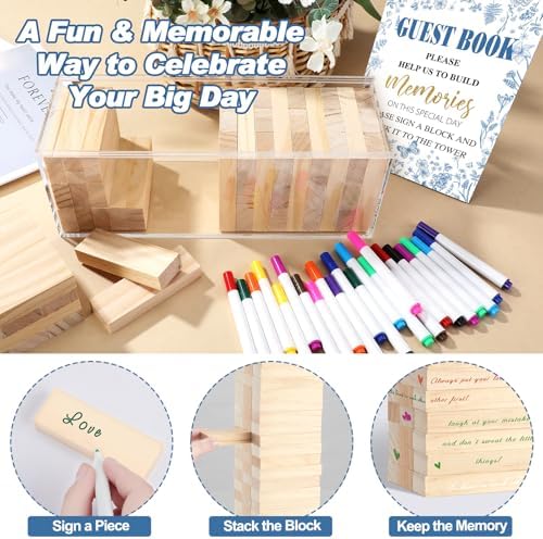80 Wedding Guest Book Alternative tumbling tower Wooden Block, Chinoiserie - Image 5
