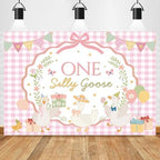 One Silly Goose Baby Shower Backdrop Pink Plaid Floral Funny Silly Goose Decorations for Girl First Birthday Photography Background Banner Photo Booth Props 8x6ft - Image 4