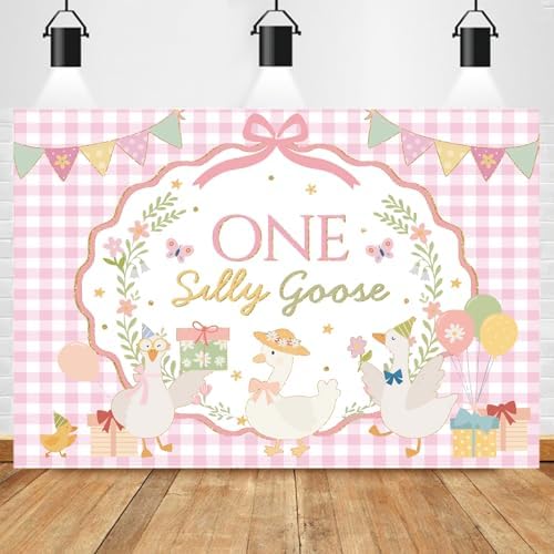 One Silly Goose Baby Shower Backdrop Pink Plaid Floral Funny Silly Goose Decorations for Girl First Birthday Photography Background Banner Photo Booth Props 8x6ft - Image 4