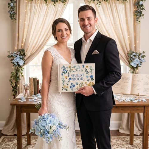 Wedding Guest Book Blue Flowers Embroidered Linen Photo Guestbook - Image 6