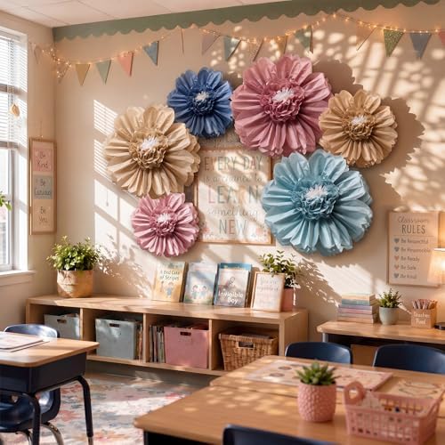 Giegxin 6 Pcs 31.5", 24" Boho Paper Flowers Classroom Bulletin Board Decor - Image 4