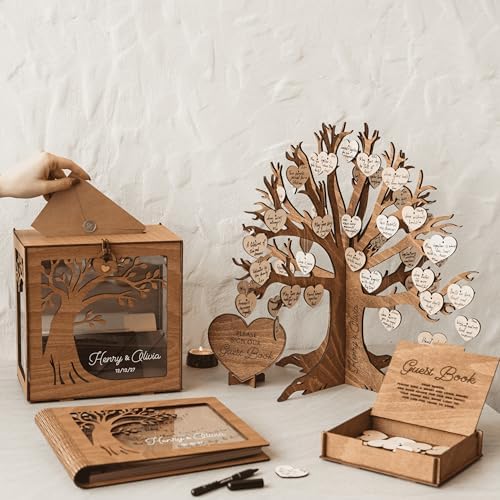 Wedding Guest Book Tree Alternative for Reception, Personalised Wooden Family Sign Tree with Hearts - Image 2