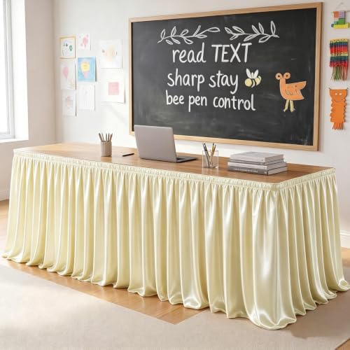 14ft Length Light Champagne Satin Table Skirt Rectangle Tables-Wrinkle Resistant Ruffle Table Skirting Glitter Teacher Desk Cover Skirt for Classroom Dorm Weddings Birthday Party Table Decorations - Image 3