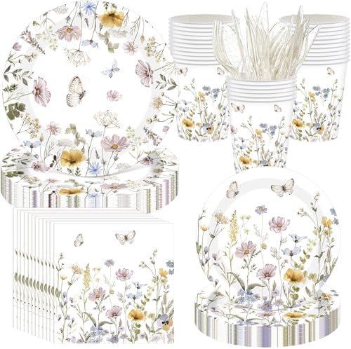 400 Pcs Wild Floral Disposable Paper Plates Napkins Cups Serve 50 Watercolor Floral Tableware Set for Spring Wedding Tea Party Decoration Bridal Shower Baby Shower(Elegant Color,Chic Style) by Sunnychicc