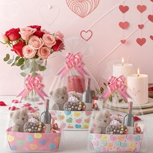 OSNIE Sweet Candy Heart Empty Gifts Baskets with Cellophane Bags and Ribbons Bows, 24 Set Colorful Tray Cardboard Gift Baskets for Romantic Things to Fill Wedding Birthday Anniversary Decor - Image 3