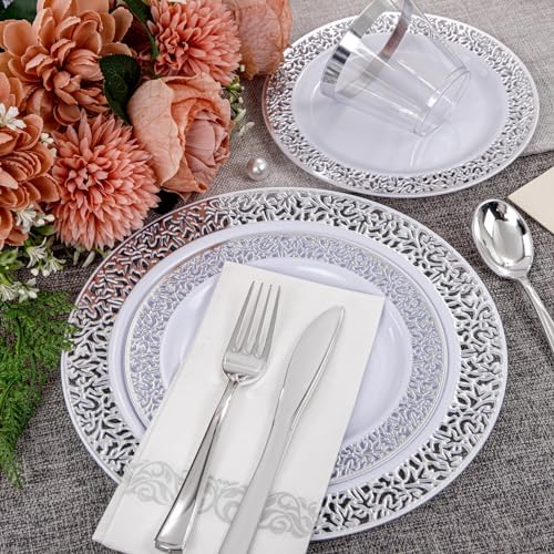 WELLIFE 210pcs Dinnerware Set - Silver Rimmed Plastic Plates Disposable Heavy Duty, Disposable Plastic Plates with Silver Rim, Water-proof, Break-proof, Best Choice for Any Party - Image 5