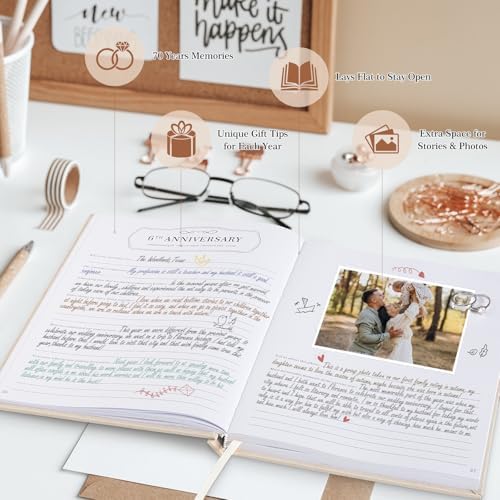 Lanpn Wedding Anniversary Journal - The Story of Us, Linen Dating 1st to 70th Couple Memory Book Wedding Scrapbook, 190 Pages Love Stories Notebook Marriage Newlywed Bridal Shower Gift, Beige - Image 4