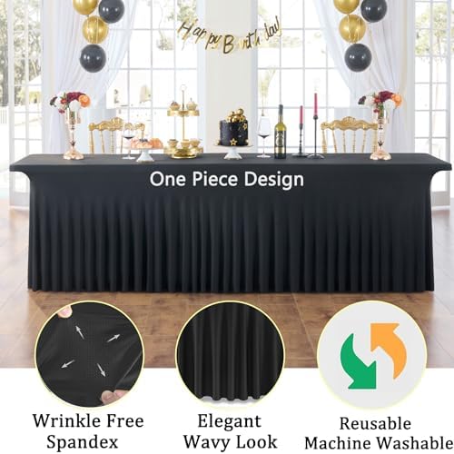 2 Pack Black Spandex Tablecloth for 8 Foot Rectangle Tables, Wrinkle Free Fitted Table Cloths 8ft Stretchy Table Clothes Cover Desk Skirt for Parties Weddings Birthday Banquet Baby Shower - Image 3