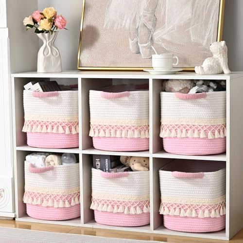 3 Pack Storage Basket for Shelves, Boho Cotton Rope Storage Bins with Heavy Tassel, Shelf Baskets Large Woven Baskets for Organizing, Cube Organizer Bins, Baby Laundry Basket for Clothes, Toys, Pets - Image 6