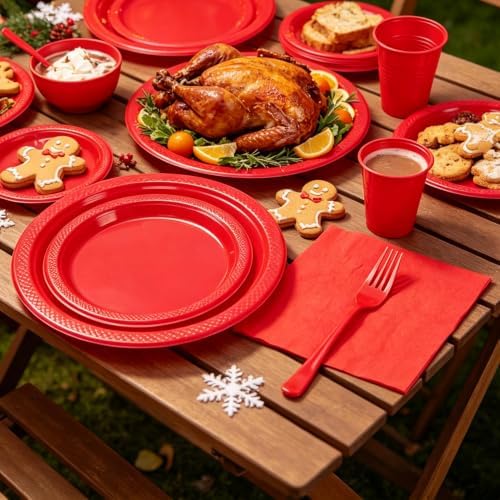 250Pcs Red Plastic Party Plates and Napkins Set for Birthday, Christmas - Image 3