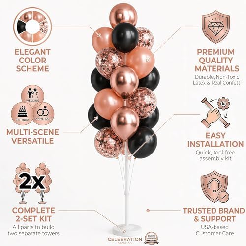 HIINS Rose Gold Black Balloon Column Kit Set of 2 with for Party Decor - Image 2
